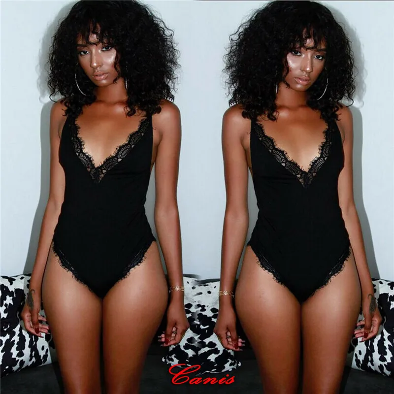 

One Piece Swimsuit Women Full Lace Bodysuit Lingerie Sleeveless V Neck Stretch Leotard Jumpsuit Top Swimming Suit For Women