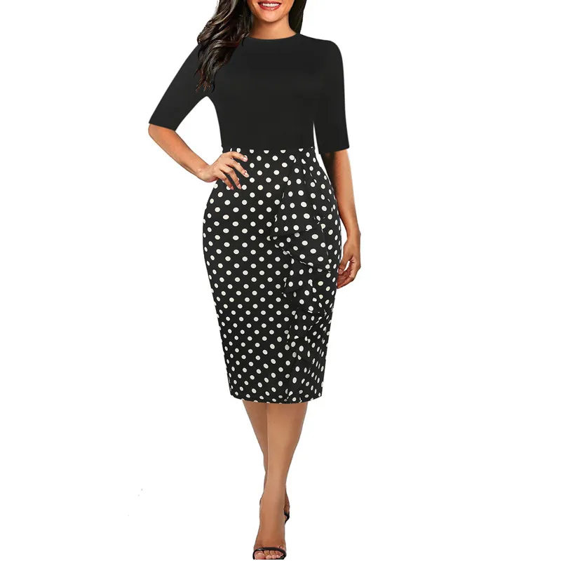 

Fmasuth Women Summer Dress Half Sleeve Knee Length Office Business Elegant Stripe Dresses for Work OX055