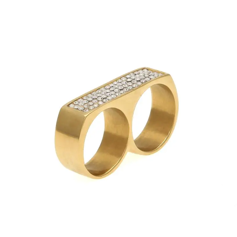 Uwin новые крутые кольца на два пальца хип-хоп полностью Iced Out стразы из нержавеющей стали золотого и серебряного цвета мужское кольцо для вечеринки в стиле панк размер 9/10 - Цвет основного камня: Gold