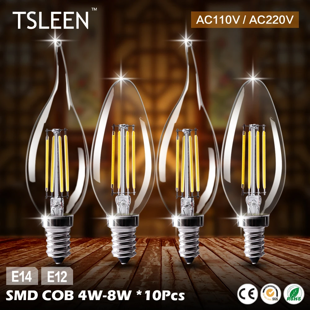 

Cheap 10X 8w 4w Super LED Bulb E12 E14 220V 110V C35 LED Lamp LED Corn Bulb light Chandelier Retro Filament Edison Flame Candle