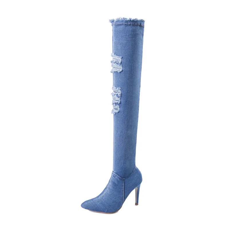 

Autumn and winter over the knee boots high boots elastic boots stiletto pointed high heel wild boots light blue 1022