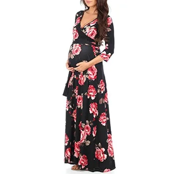 

Maternity Dress Wedding Evening Gown V Collar Seven Sleeves Long Pregnant Women Dress European and American Natural Belt