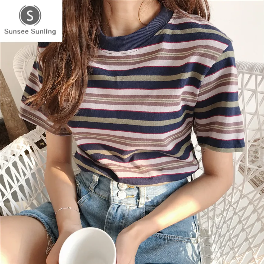 

2019 Summer Korean Retro Wild Hit Color Striped Women Tees Short Sleeve Female T-shirt Loose Round Neck Bottoming Women T-shirt