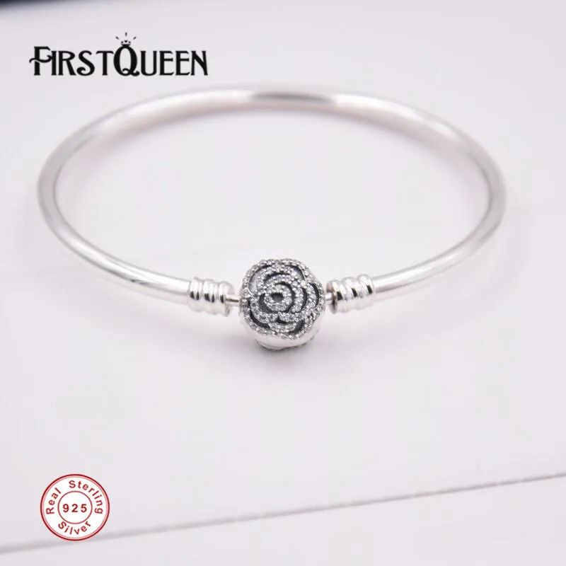 

FirstQueen Solid 925 Sterling Silver Bangle With Rose Clasp DIY For Jewelry Making 2017 Christmas Gift Fine Jewelry