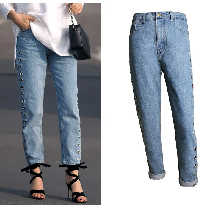 Women's Street 2018 New Europe and America BF Wind High Waist Loose Pants Rivets Openwork Metallic Eyes Jeans (2)