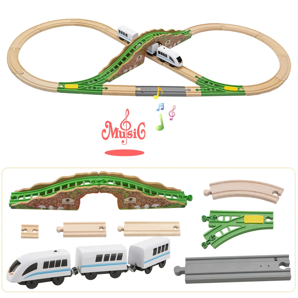 Tbkjoy électrique Train en bois musique pistes ensemble chemin de fer dispositions à collectionner jouet ferroviaire accessoires compatibles
