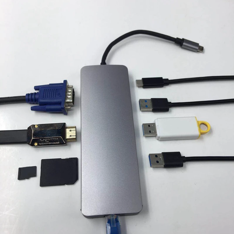 Тип-c-концентратор+ Hdmi+ Vga+ Rj45+ тип-c(зарядка+ передача данных)+ Sd/Tf Одновременное чтение 3,0 карт