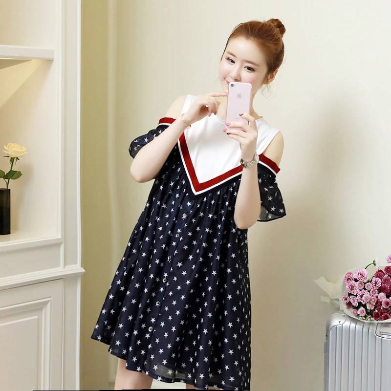 

Pengpious 2019 summer maternity dress pregnant women off the shoulder ruffles half sleeve fashion stars printed patchwork dress