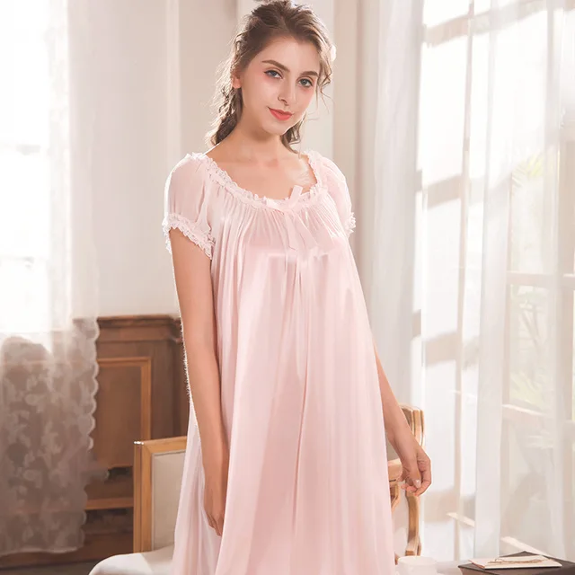 Women's Nightgowns Short Sleeve Satin Silk Plus Size Pink Victorian