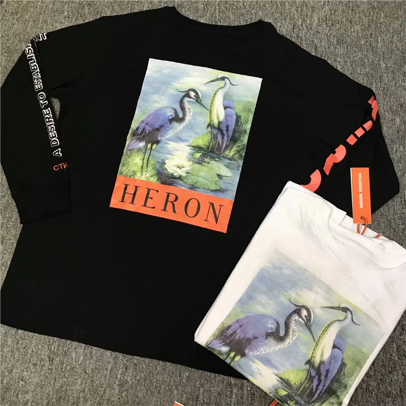 Heron Preston T shirts 2018 New Hip Hop Oversize Red Crowned Crane Heron Preston T Shirt Heron