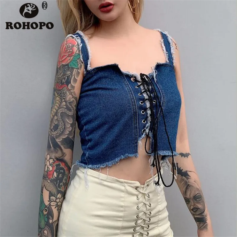 

Summer Women Denim Tops Camis Single Breast Band Vintage Female Streetwear Strapless Sleeveless Denim Tops t shirt Retro Girl