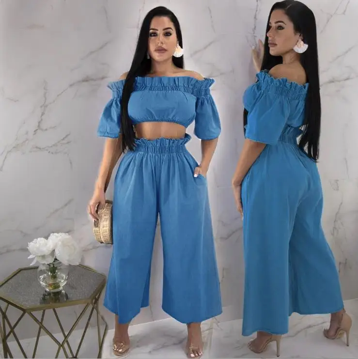 

Fall and winter 2018 new style, sexy nightclub style, fashionable wooden ear stitching a word shoulder loose healthy jeans suit