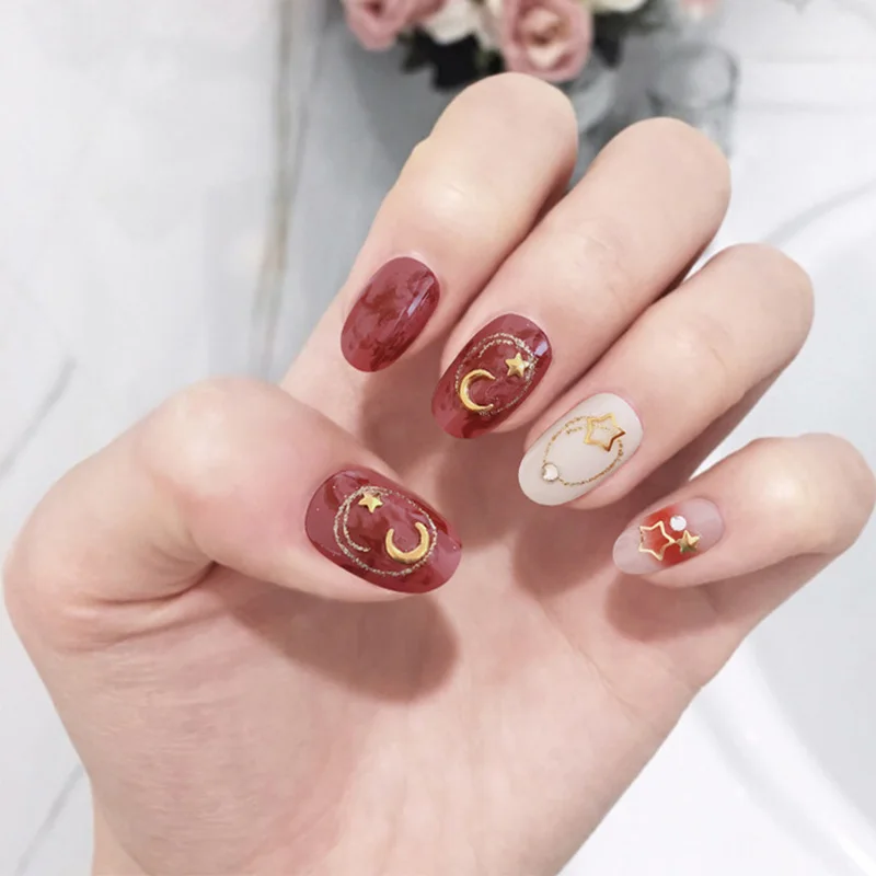 

Women Korean Style Full Cover Fake Nail 3D Star Moon Blooming Color Nail Art Tips with Glue Medium Shining Rhinestone False Nail