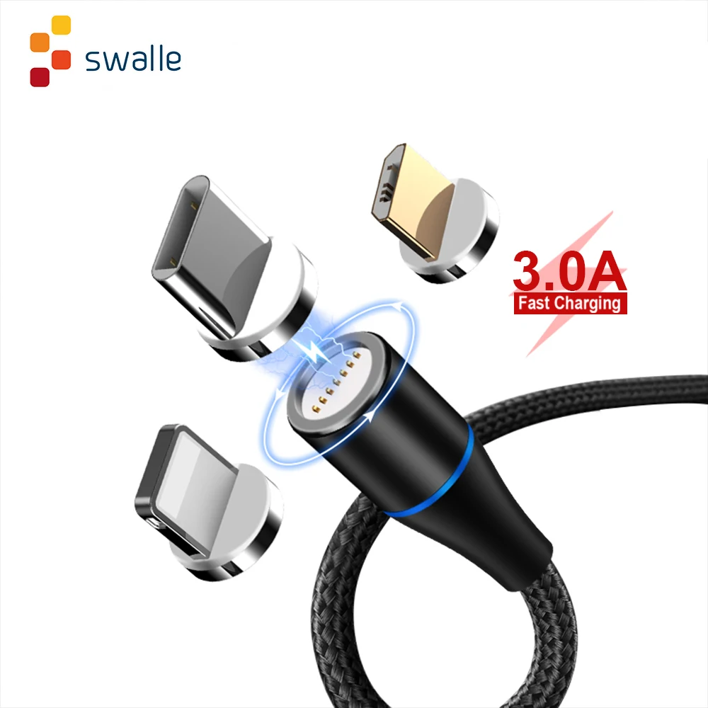 

Swalle Magnetic 3.0A Quick Charge Micro USB Type C Lightnign Data Cable Fast Charging Cord for iphone Samsung Xiaomi Huawei