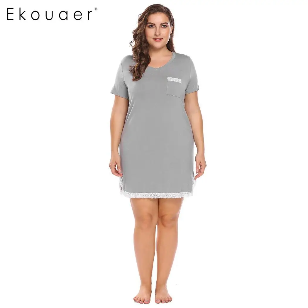 Ekouaer Plus Size Night Dress Women Chemise Nightgown V Neck Short