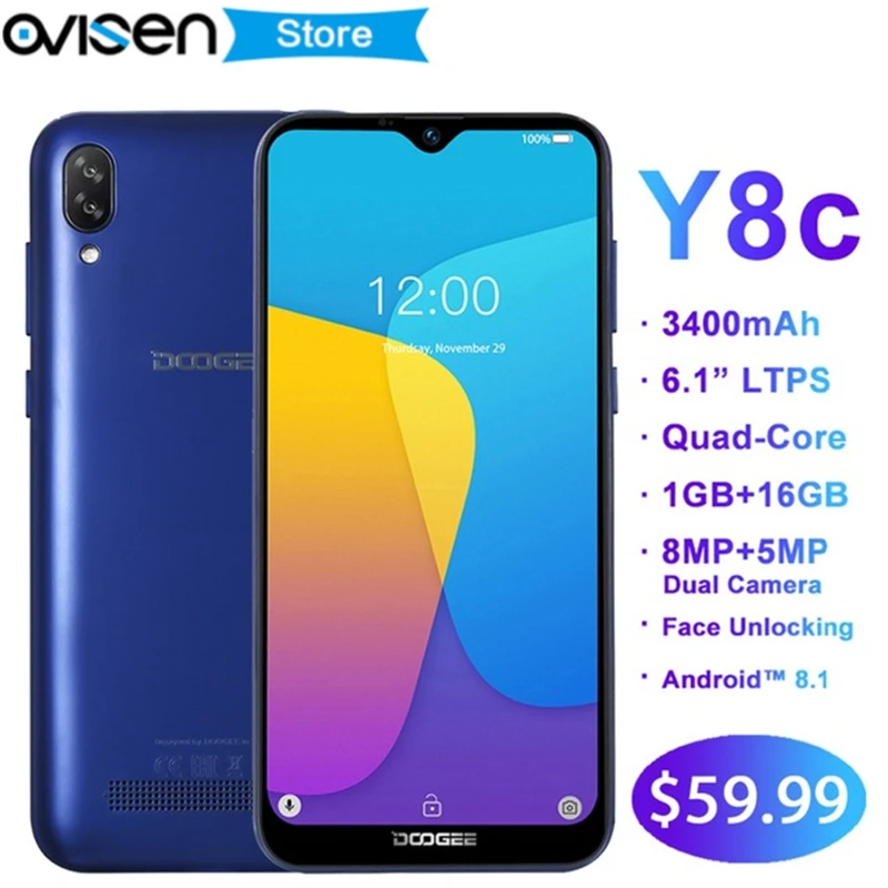 DOOGEE Y8c смартфон с 6 1 дюймовым дисплеем 19:9 и LTPS Android 8 MTK6580 ГБ 16 3400 мАч Мп 3G