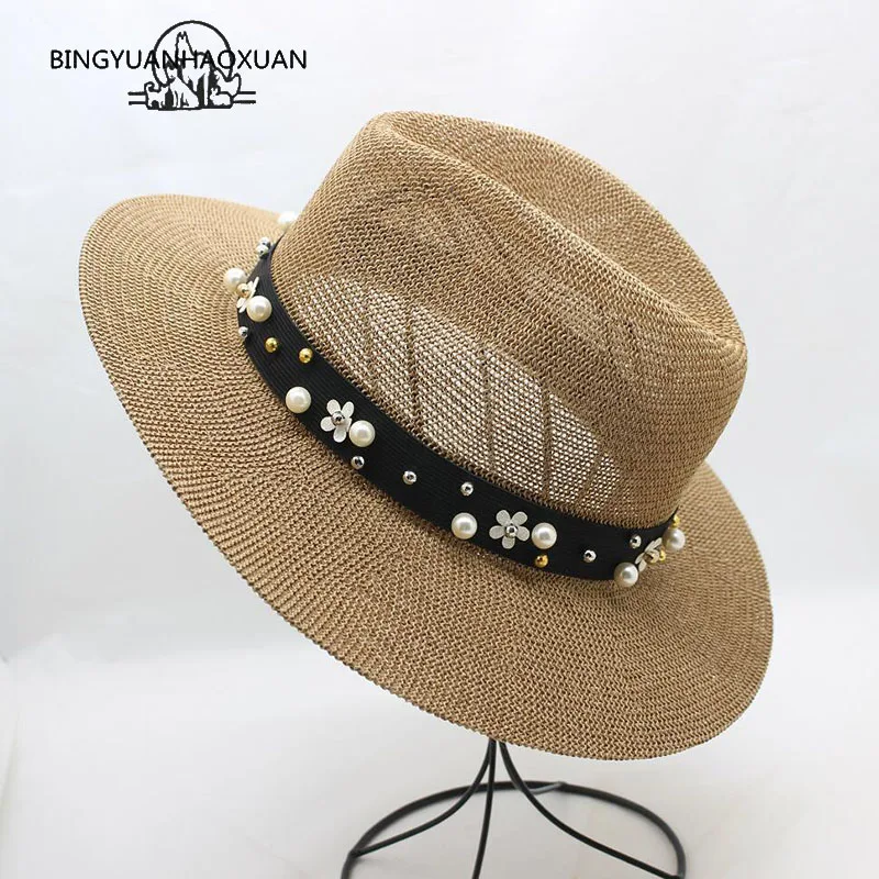 

BINGYUANHAOXUAN Spring Summer Hats For Women Flower Beads Wide Brimmed Jazz Panama Hat Cap Feminino Sun Visor Beach Hat Cappello