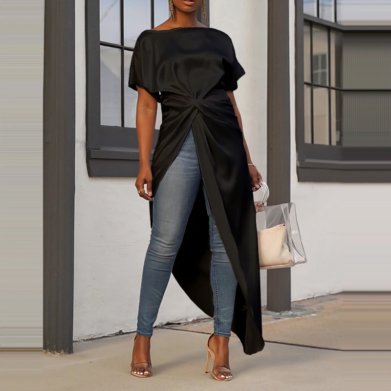 

2019 Women Casual Short Sleeve Twisted Asymmetrical Hem Dress Summer Solid Color Slash Neck Mid-Calf Dress