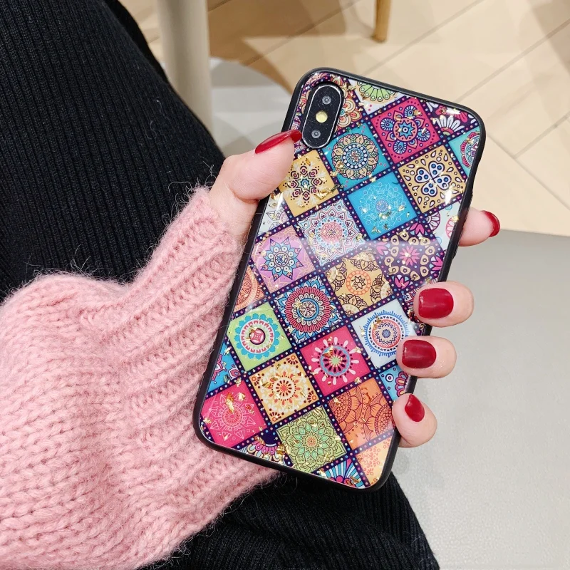 

Mr.orange Retro Ethnic totem lattice pattern Case for iphone X XR XS XS Max 6 6s 7 8 8plus Bling Glitter Gold foil case cove