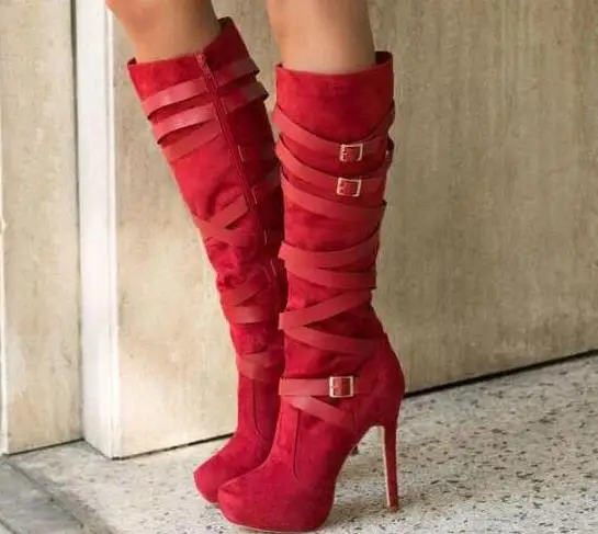 

Fashion Red Suede Leather Women Platform Boots Leather Buckles Cross Ladies High Heel Knee High Boots Knight Style Female Boots