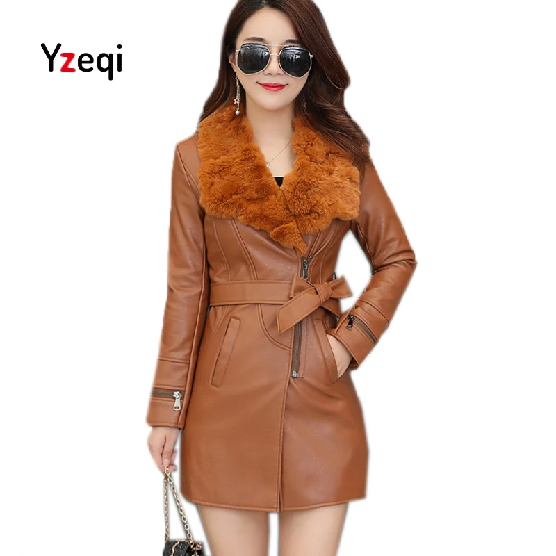 Yzeqi Autumn Winter Women Pu Leather Jacket Medium long
