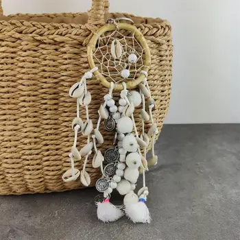 

White pompoms Bamboo Tassel pendant Keychain Boho Key Rings Bohemian Big Key Chains Cute Vintage jewelry findings bag pendants