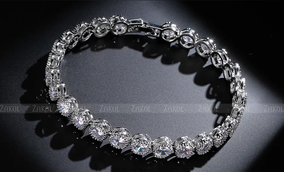 Модный браслет ZAKOL из белого золота с круглым AAA кубическим цирконием, цепочка и теннисный браслет для элегантных женщин, вечерние ювелирные изделия FSBP096