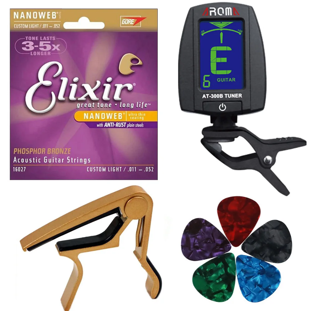 

Elixir 16027 Acoustic Guitar Strings 011-052 + 5pcs Celluloid Guitar Picks + Golden Capo + 6 Tuning Modes Tuner