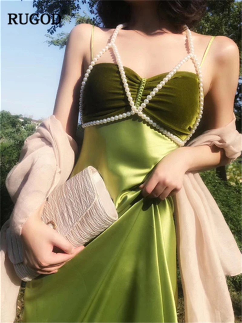 

RUGOD 2019 New Arrival Women Solid Dress Pearl Chain Accessory And Velvet Satin Vestidos Elegant Temperament Modis Mujer Dress