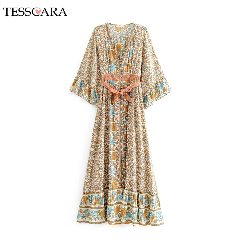 

TESSCARA Women Long Maxi Bohemian Style Dress Shirt Festa Female Floral Designer Holiday Party Robe High Quality V-Neck Vestidos