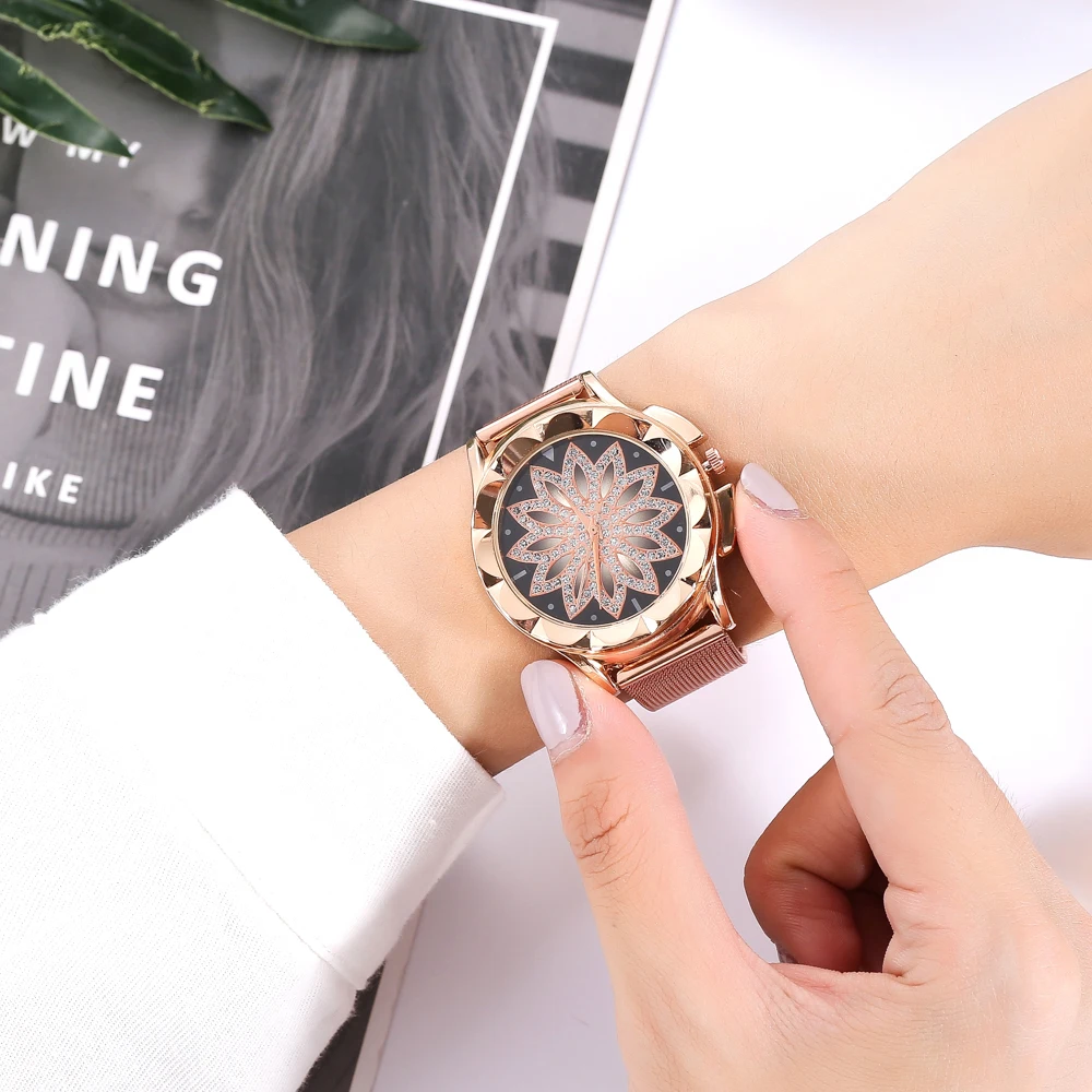 

Drop Shipping Fashion Women Flower Rhinestone Wrist Watch Luxury Casual Rose Gold Steel Belt Quartz Watch Relogio Feminino