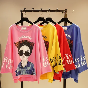 

New Spring Autumn Fashion Loose Women Tshirts Large Size Batwing Sleeve Printing Students Tops Casual Long Sleeve T-shirts