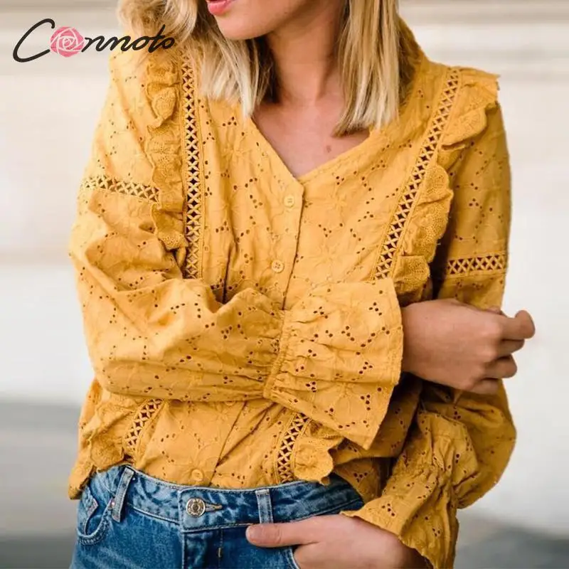 Conmoto Модные белые кружевные женские топы и блузки, повседневная рубашка в горошек с v-образным воротником, хлопковая блузка для девочек, праздничная блузка, лето