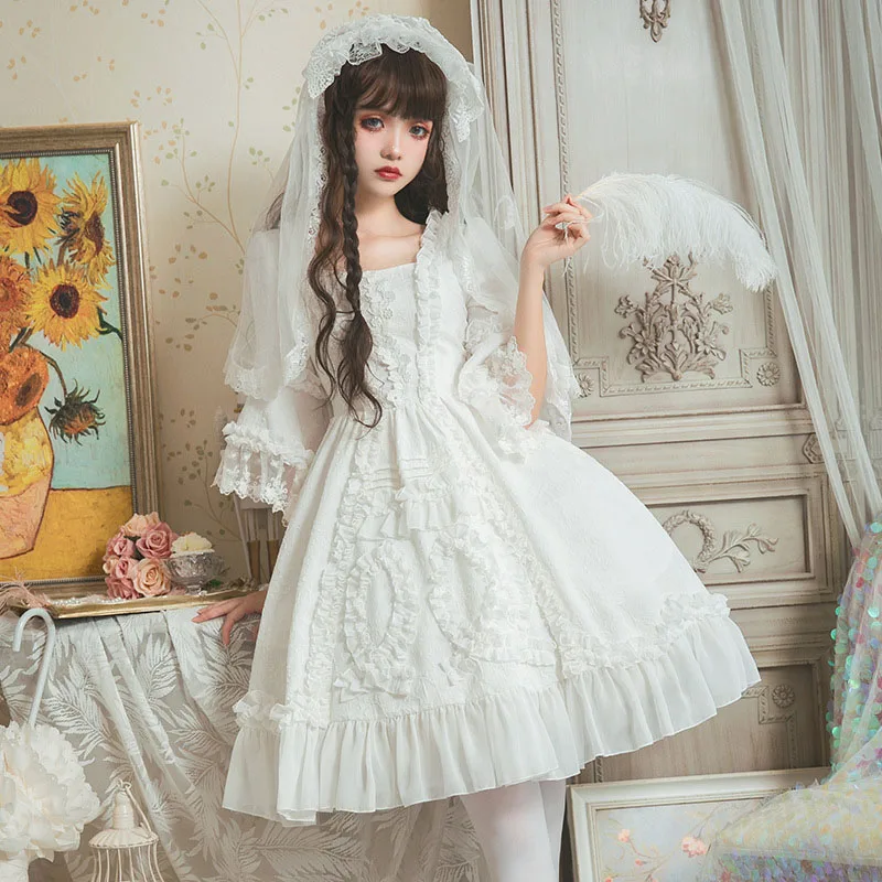 Винтажное свадебное платье в стиле Лолиты для девушек-подростков белое кружевное хлопковое шифоновое платье с 1/2 рукавами и квадратным воротником для женщин
