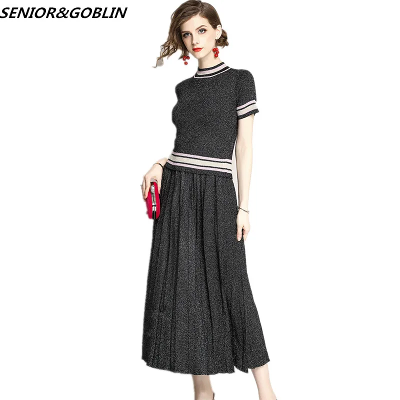 

2019 New Quality Brand Designer Knit 2 Piece Sets Women Bright Silk Knitting Top Pleated Skirt Summer Long Skirt Sets Clothes