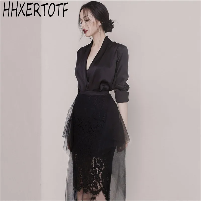 

Fashion Runway Sexy V-neck womens tops and blouses 2019 Designer Suit Set Women's Lace Gauze Patchwork Pleated Skirt Suit Set