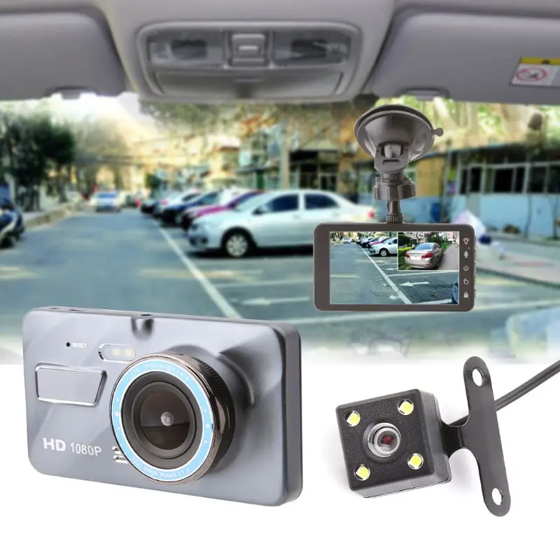 Dash Cam Dual Lens Car DVR Camera Full HD 1080P 4inch Touch IPS Screen Front+Rear Night Vision Video Recorder Parking Monitor