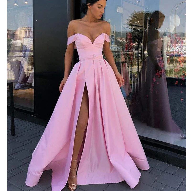 Custom made Pink Long Evening Dress Off The Shoulder A Line Satin ...