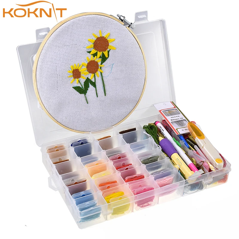 32pcs Magic Embroidery Stitching Punch Floss Cross Stitch Threads 20mm Hoop Punch DIY Embroidery Punch Crafts Tool Kit with Case