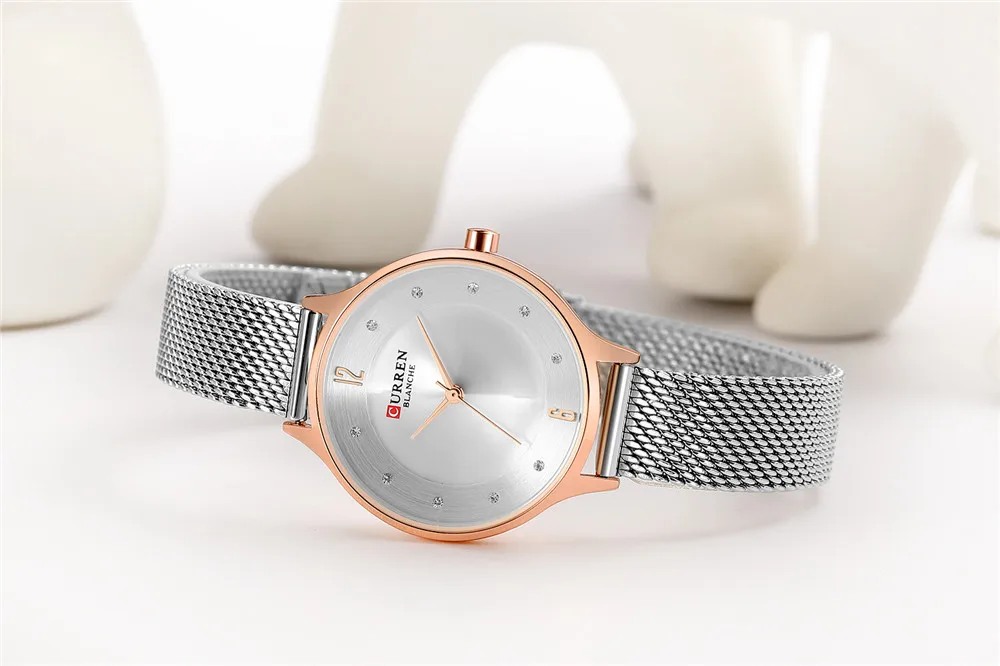 Простой дизайн CURREN женские модные кварцевые женские часы сетчатые наручные часы с романтическим блестящим циферблатом со стразами Reloj Mujer
