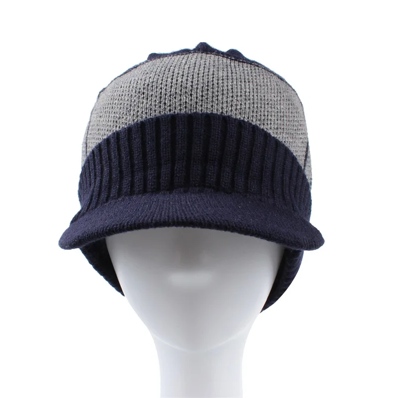 Warm Winter Men Hat Knit Cable Visor Male Beanie Fleece Lining Patchwork Beanie Stripe Newsboy Cap Outdoor Sport Adult Hat  (14)