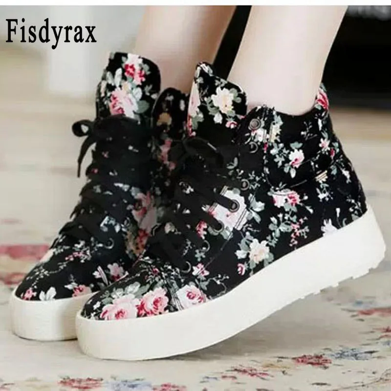 

Fisdyrax Sweet Flowers Vulcanize Shoes canvas Sneakers Basket Female Casual Shoes printing High Top Flat Shoes Trainers Women