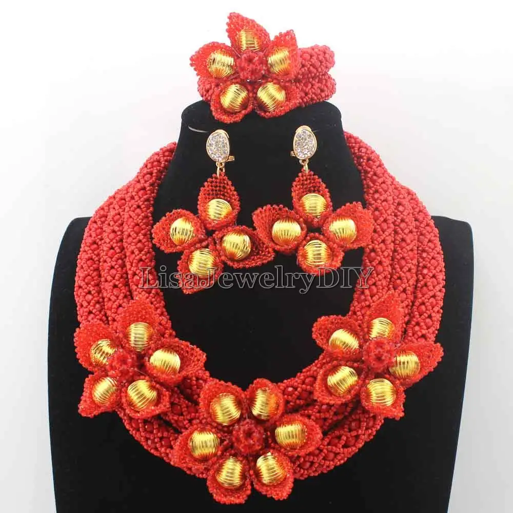 New Christmas Red Flower African Costume Jewelry Sets Nigerian Wedding Beads Bridal Necklaces Earrings Free Shipping HD8774