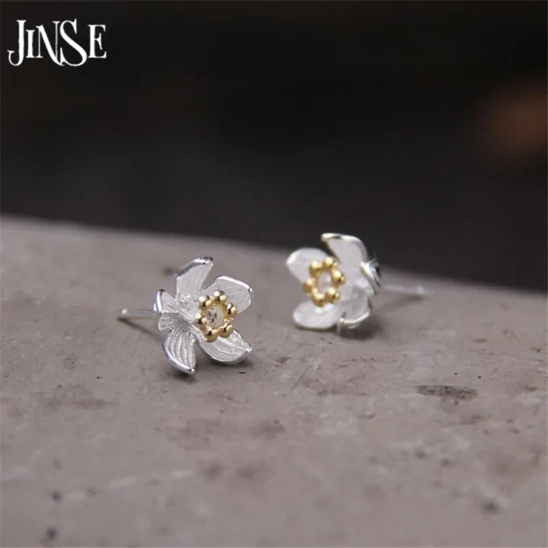 

JINSE Cute S925 Silver Flower Stud Earrings Ladies Birthday Gifts Gold Color Earring For Women Fashion Ear Jewelry 9MM