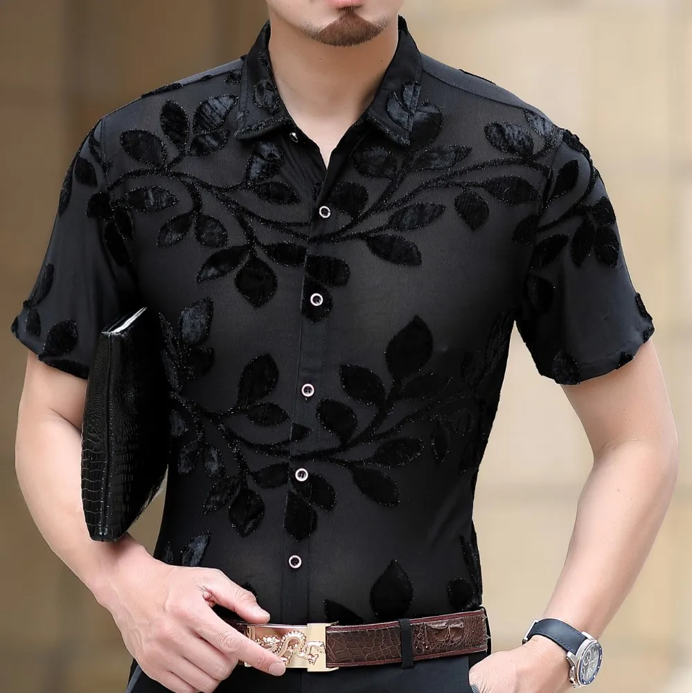 Сексуальная прозрачная красная рубашка с цветочным принтом мужская коротким