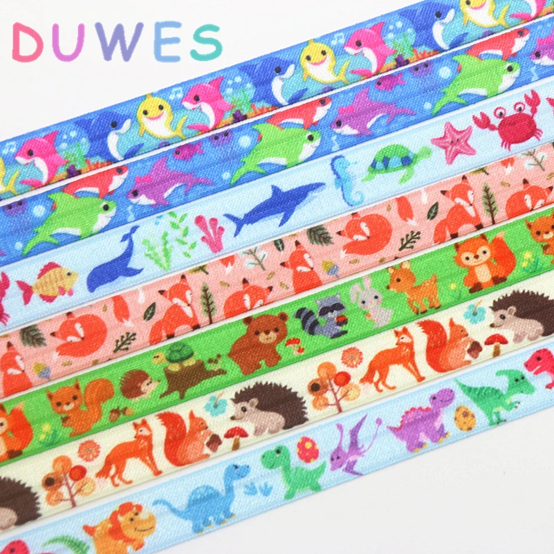 

DUWES 5/8'' 50yards fox shark dinosaur animals printed Fold Elastic FOE stretch ribbon hairbow headwear headband DIY OEM D1066