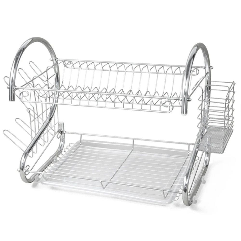DISH DRAINER 2-TIER CHROME PLATED PLATE CUP BOWL WASHING SINK KITCHEN DRIP TRAY