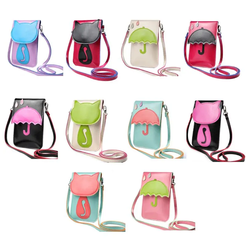 

2019 New Fashion Women Shoulder Messenger Cute Cat Cartoon Umbrella PU Leather Phone bag Crossbody Mini HandBag