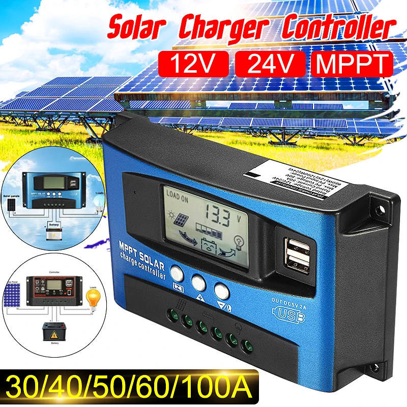 30/40/50/60/100A MPPT controlador de carga Solar Dual USB pantalla LCD 12 V 24 V Auto regulador del cargador del Panel de la célula Solar con la carga ► Foto 1/6