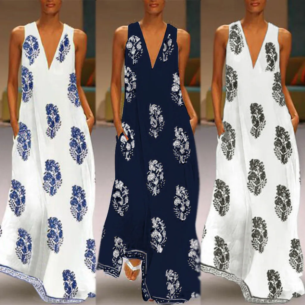 

summer dress 2019 Sexy Women Vintage Daily V Neck Sleeveless Boho Floral Sundress Maxi Dress vestidos vestido robe femme party